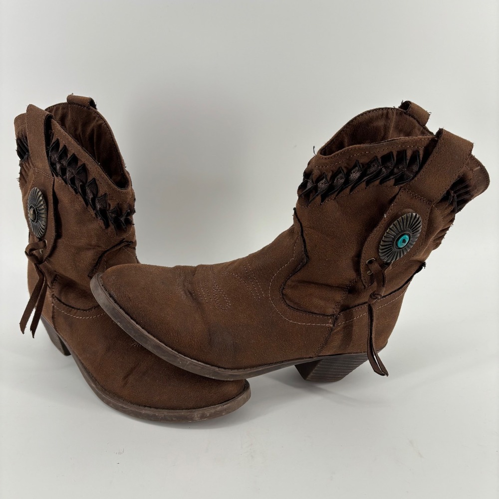 Rampage Sidnie Ankle Boots Women 7.5 Brown Western Concho Fringe